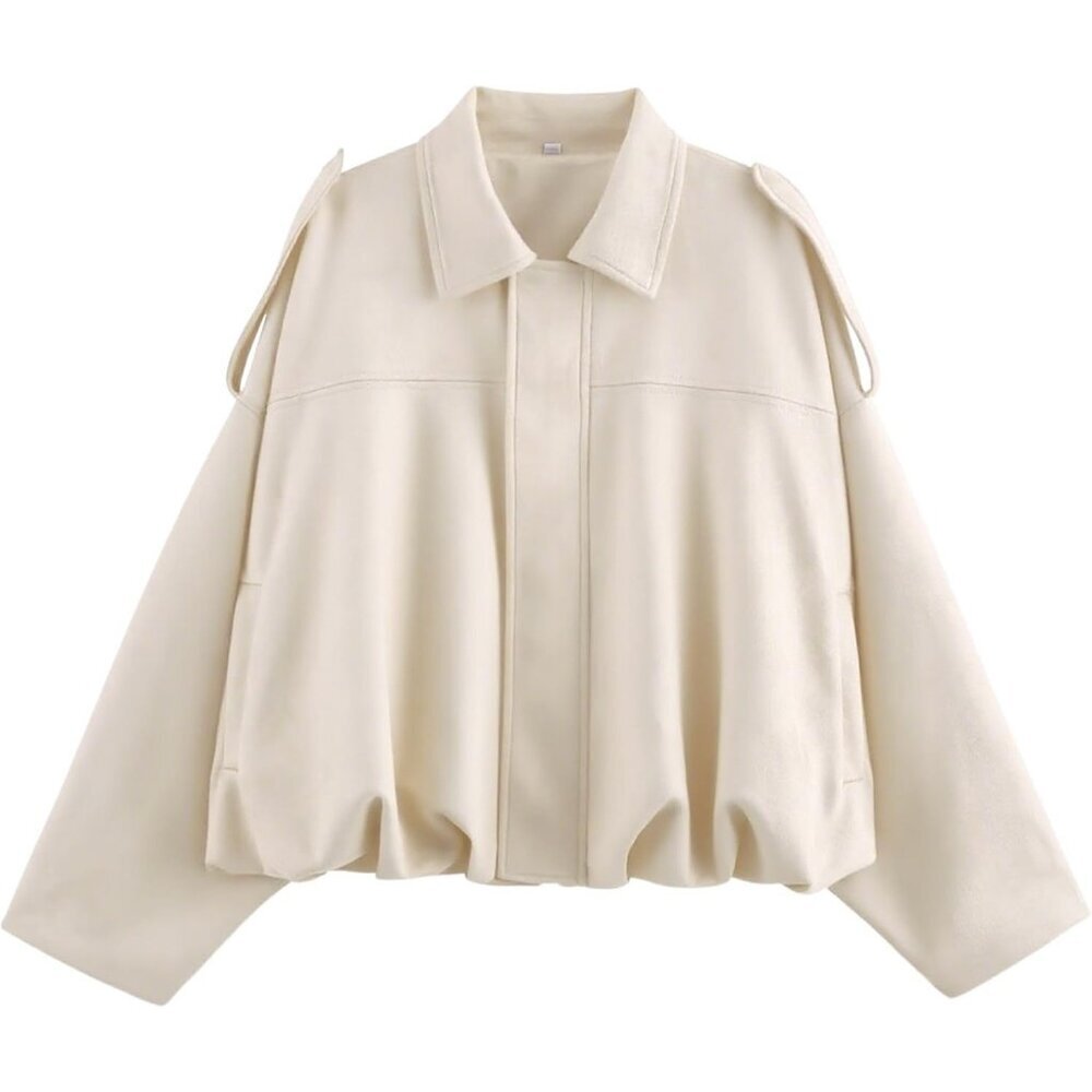 Women's 01 Beige Pocket Faux Bomber Jacket Coat Streetwear Winter Long Sleeves